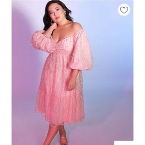 Off The Shoulder Textured Tulle Dress-Pink